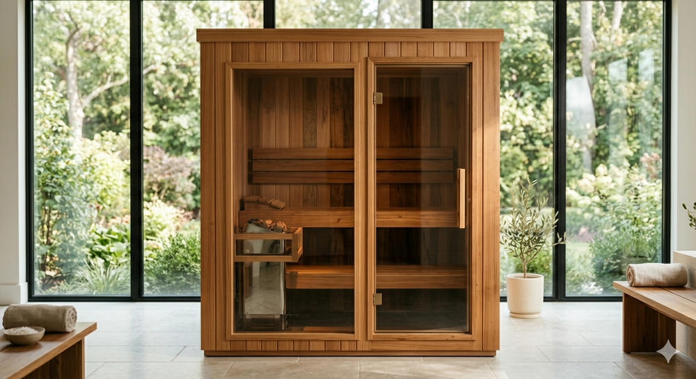 The Sanctuary premium cedar sauna with glass doors and warm natural light, a freestanding Finnish sauna built for the dedicated home wellness studio