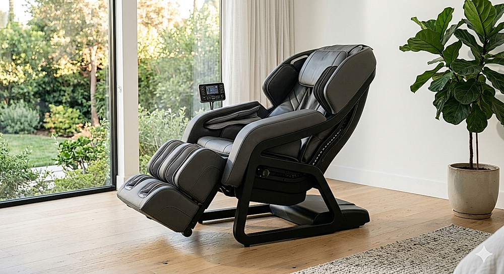 The Align full-body massage recovery system in a sunlit home recovery room, its S-track design and intuitive control panel delivering body-scan guided neck-to-lumbar massage for daily back tension relief