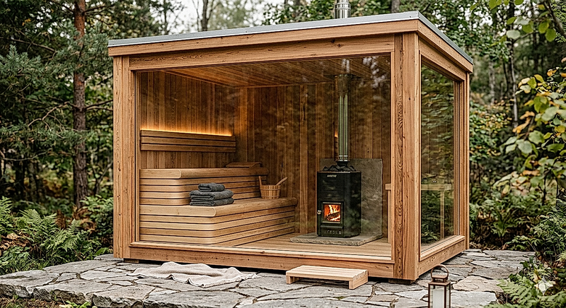 The Aspen six-person glass-front outdoor cedar cabin sauna with panoramic window, tiered benches, and a wood-fired stove on a stone patio