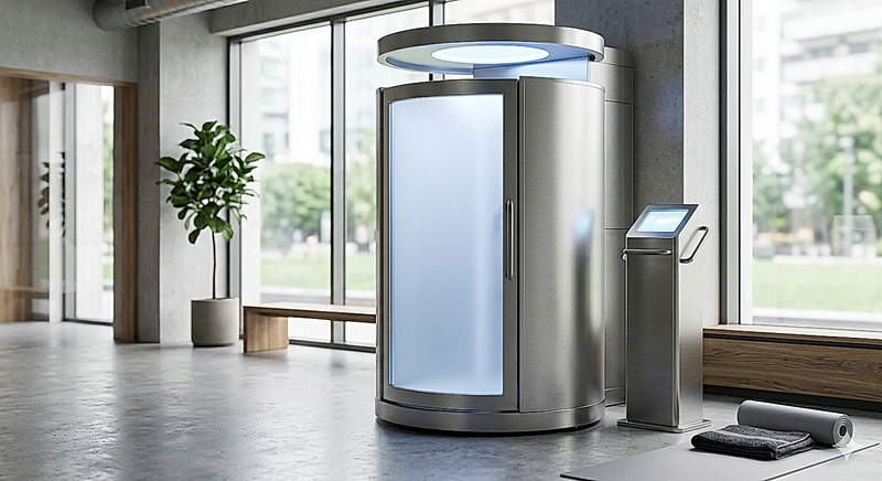 The Cryo Pro whole-body cryotherapy chamber, shown in an elegant home setting where its nitrogen-free electric cooling reaches as low as -110 degrees Celsius for fast, accelerated-recovery sessions