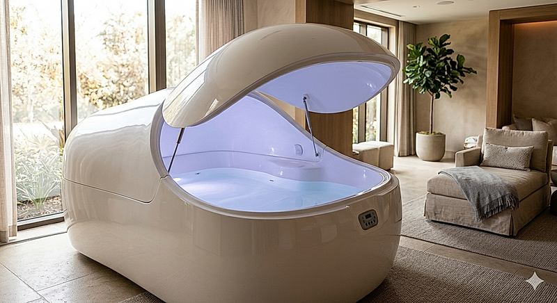 The Deep commercial float tank and sensory suite, shown in an elegant home setting with its epoxy-coated shell designed for deep nervous-system recovery and rest