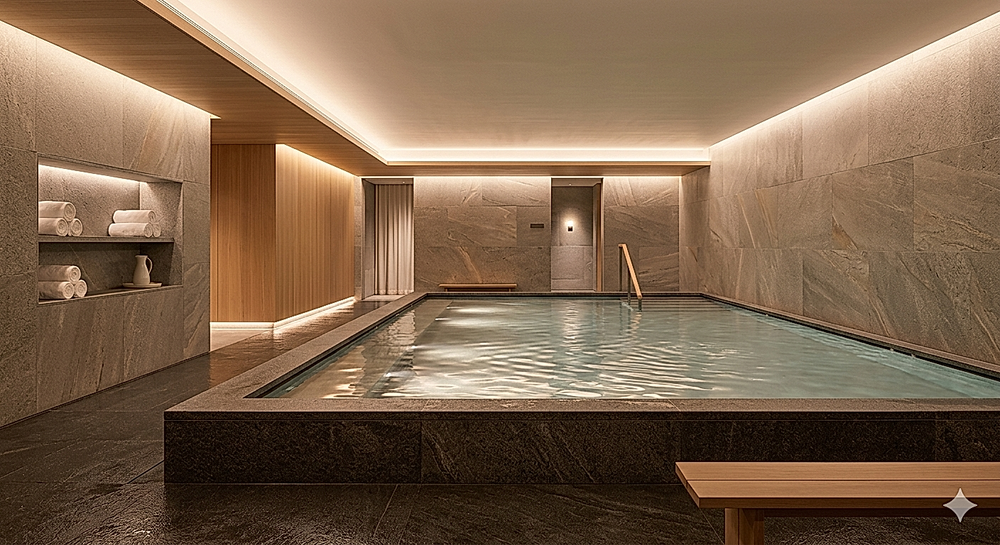 The Drift commercial open-pool float room with a wide shallow saltwater pool and ambient recessed lighting along wood and stone finishes