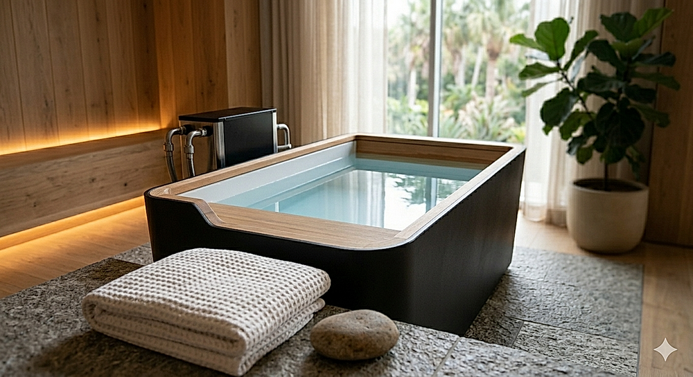 The Plunge commercial-grade cold tub pictured in a spa environment, built for the consistent immersion sessions that support active recovery and mental resilience