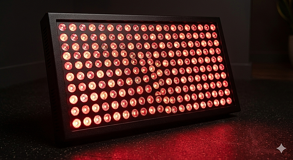 The Pulse recovery panel styled in a luxury wellness retreat, designed around the dual-wavelength synergy that addresses surface and deep tissue together
