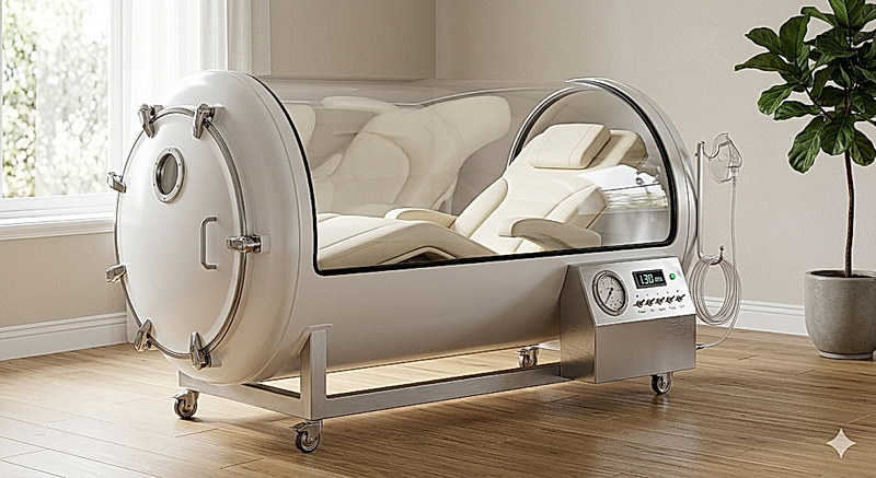 The Summit clinical hyperbaric suite, a pearl-white hard-shell chamber with a curved acrylic viewing dome over a cream padded interior, shown in a bright home wellness room with light oak flooring and a fiddle-leaf fig
