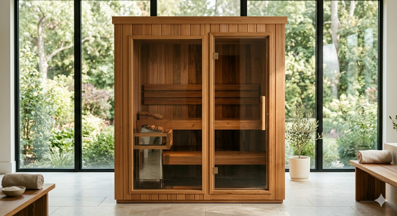 The Sanctuary premium cedar sauna with glass doors and warm natural light, a freestanding Finnish sauna built for the dedicated home wellness studio