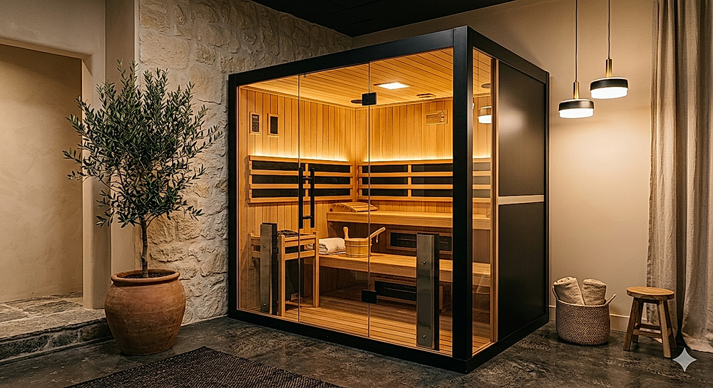 The Apex four-person infrared sauna pictured in a spa facility environment, built for the full-spectrum heat therapy that helps wellness businesses generate recurring revenue