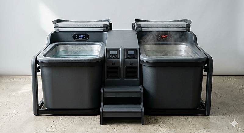 The Arctic dual-tank hot and cold contrast therapy system with matching composite tubs, one cold with condensation and one heated with rising steam