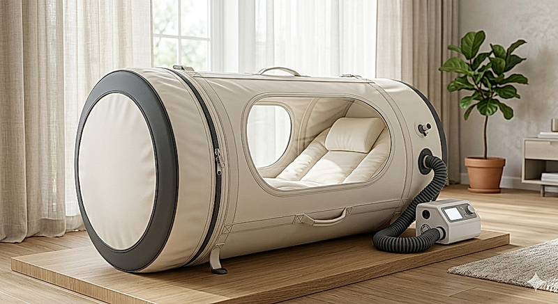 The Ascent mild hyperbaric chamber, a soft-shell cream capsule with charcoal accent panels and an oval viewing window, shown on a wood platform in a bright bedroom with its oxygen compressor unit