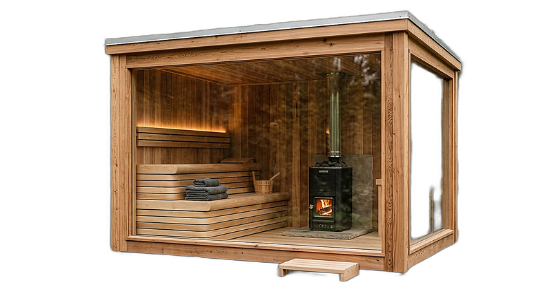 The Aspen Glass Front Cabin Sauna — studio photograph on white background