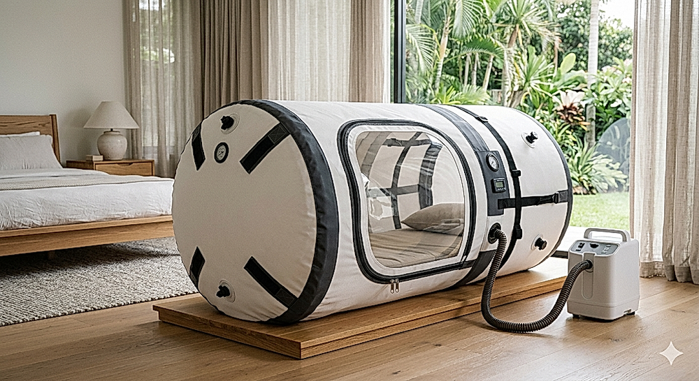 The Basecamp compact soft-shell portable hyperbaric chamber with its single-motor compressor, designed for travel-friendly 1.3 ATA sessions that fit into any daily routine
