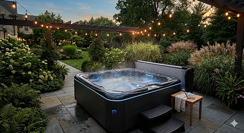 The Cascade luxury six-person outdoor hydrotherapy spa, shown in an elegant home setting where its 72 precision jets target the back, shoulders, hips, and legs for muscle relief
