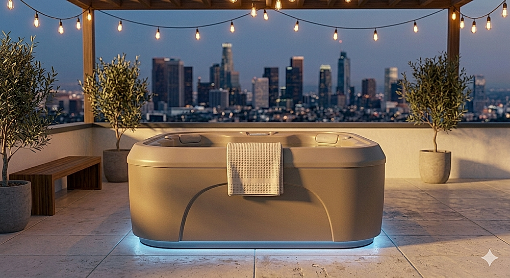 The Cove compact spa pictured in a warm evening environment, designed for the relaxing wind-down soak that helps the body and mind ease into rest