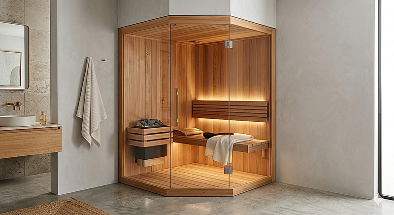 The Ember compact one to two person indoor cedar corner sauna with glass door, fitted into a minimalist bathroom corner