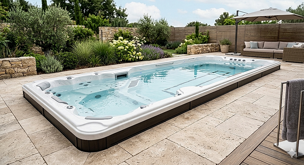The Estate eight-person luxury outdoor swim spa combining a hydrotherapy lounge with an elongated swim-jet lane on a stone patio