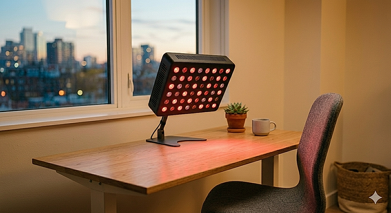 The Focus targeted red light therapy panel, shown in an elegant home setting as a compact 630nm/850nm device built for targeted recovery on specific muscle groups and joints