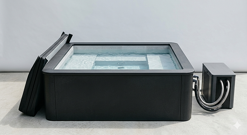 The Glacier dual-person cold plunge immersion tub in a dark composite shell with crystal-clear water and an external chiller unit