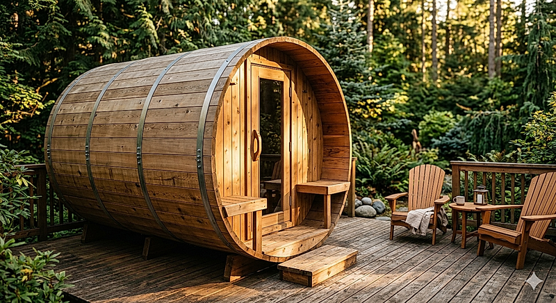 The Homestead cedar barrel sauna pictured in a warm spa environment, built for the kind of regular outdoor heat therapy that helps reduce everyday stress