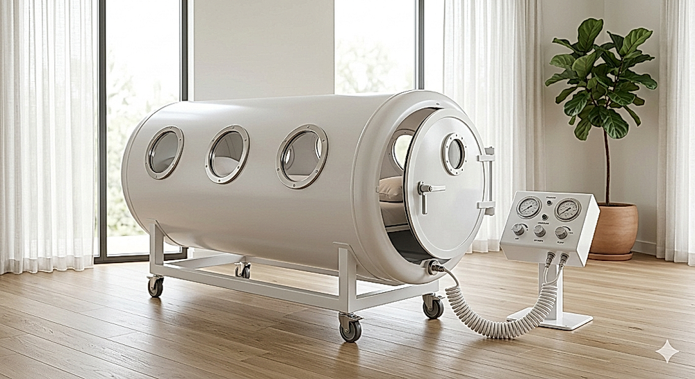 The Horizon hard-shell hyperbaric chamber, a cylindrical unit with three round viewing portholes on a wheeled frame, shown beside its pressure gauge console in a bright room with a fiddle-leaf fig