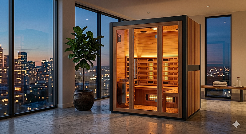 The Meridian full-spectrum infrared cedar sauna, shown in an elegant home setting where its near, mid, and far-infrared panels deliver deep-tissue warmth for active recovery