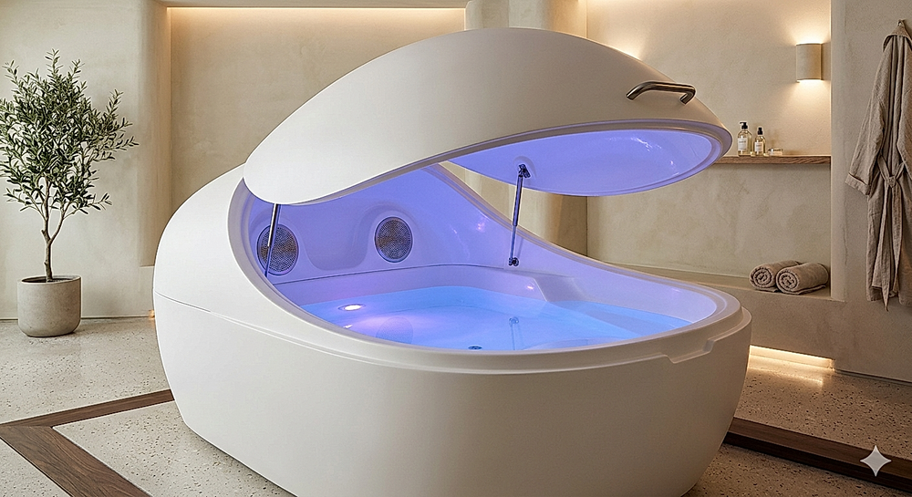 The Nimbus residential float pod with its lid partially raised, revealing glowing blue and violet chromotherapy lighting inside