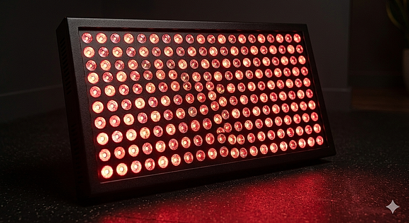 The Pulse recovery panel styled in a luxury wellness retreat, designed around the dual-wavelength synergy that addresses surface and deep tissue together