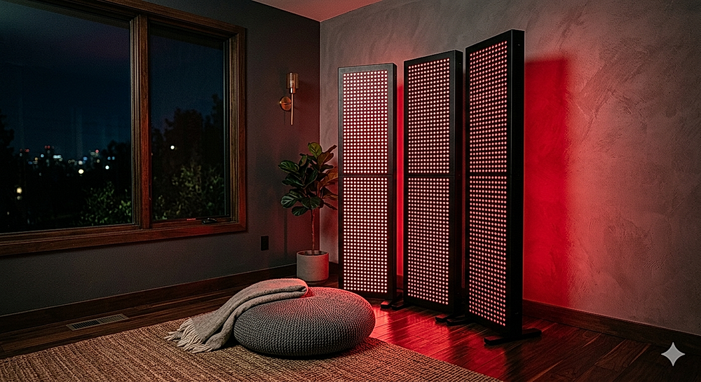 The Radiance full-body red light therapy system, shown in an elegant home setting where its 660nm and 850nm panels cover the entire body for active recovery support
