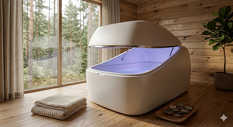 The Solitude float pod styled in a luxury wellness retreat, designed for the deep buoyant rest that supports better sleep quality and stress relief