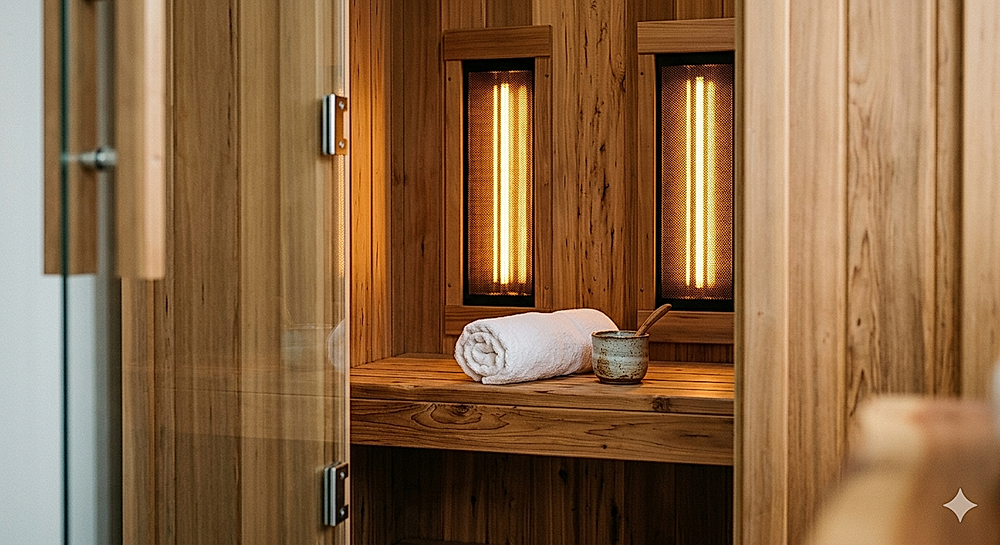 The Solstice infrared sauna styled in a luxury wellness retreat, built for the evening far-infrared sessions that ease tension and prepare the body for sleep