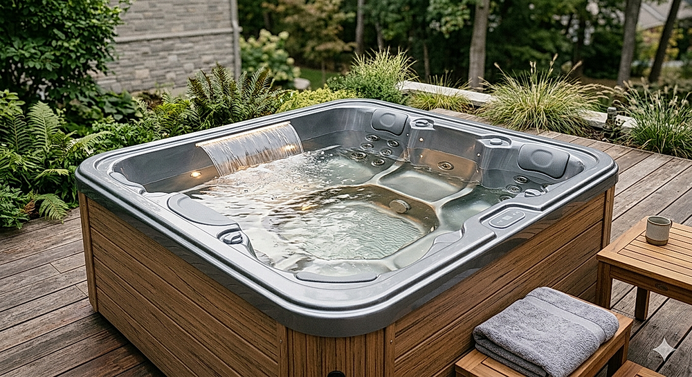 The Tide four-person outdoor hydrotherapy spa with a cascading waterfall feature, set on a wooden deck patio