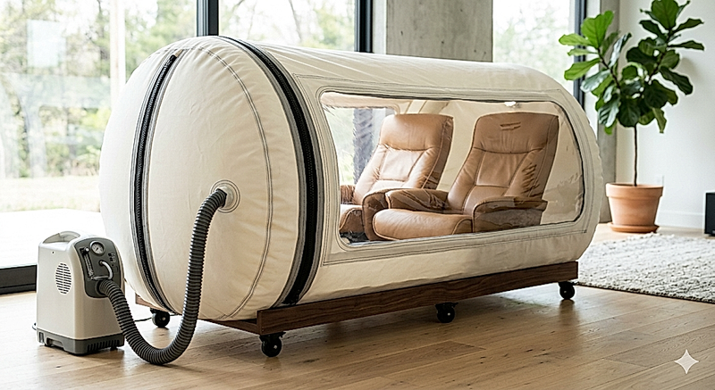 The Zenith dual-occupancy hyperbaric suite, a hard-shell chamber with aerospace-grade acrylic viewing panels spanning its length and leather-appointed reclining seating for two, shown with its dual oxygen concentrator system in a bright home wellness space