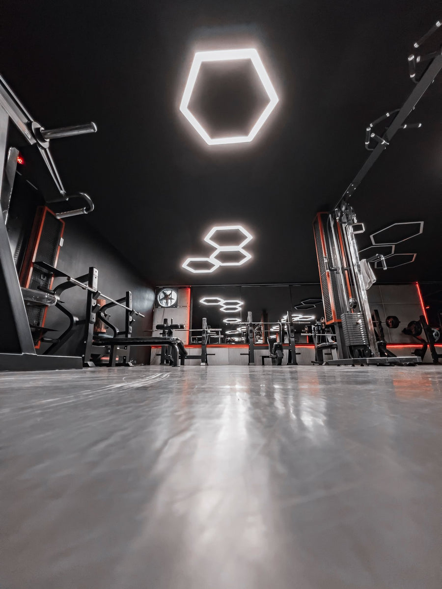 Athletic training facility floor with strength and conditioning equipment